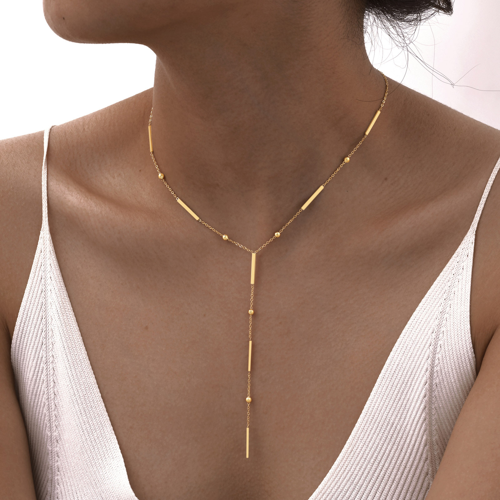 Huanmu Stainless Steel Women's Square Bar Spacer Collarbone Chain Y-Shape Tassel Necklace Gold Sweater Chain Summer