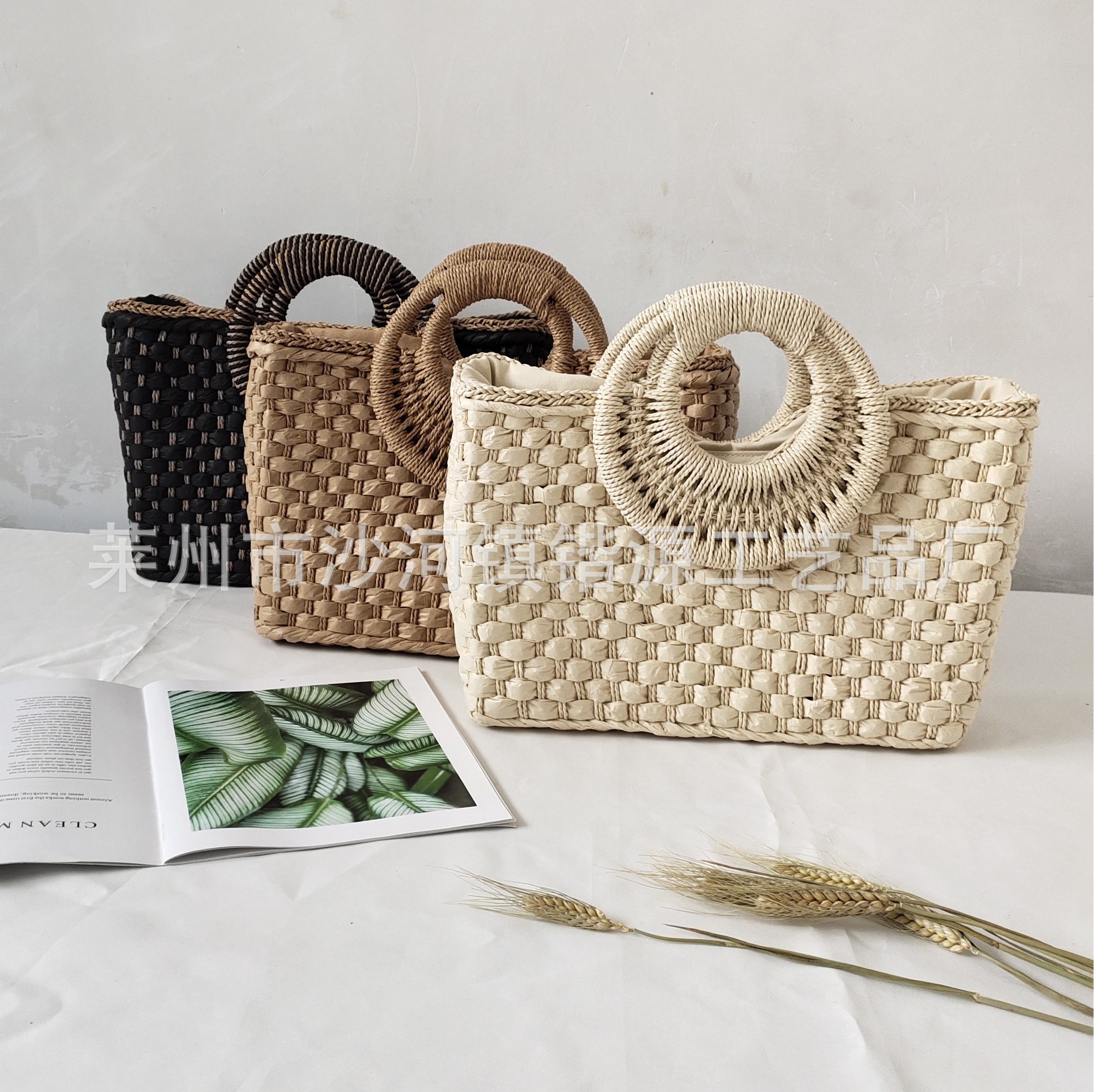 Square bag handbag handmade woven beach bag solid color handbag women's straw woven bag single shoulder