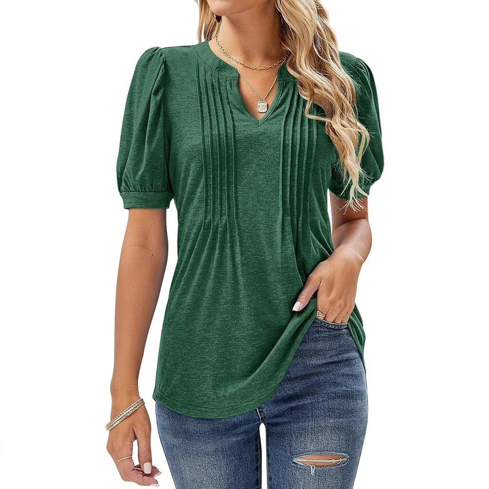 2026 Women's V-Neck Bubble Short Sleeve Pleated T-Shirt Women's Casual Top