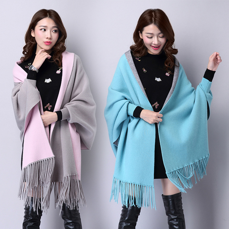 Autumn Winter New Women Double-Sided Shawl Scarf Two-Use Fringe Thickened Long Sleeve Cashmere Blend Cape Coat