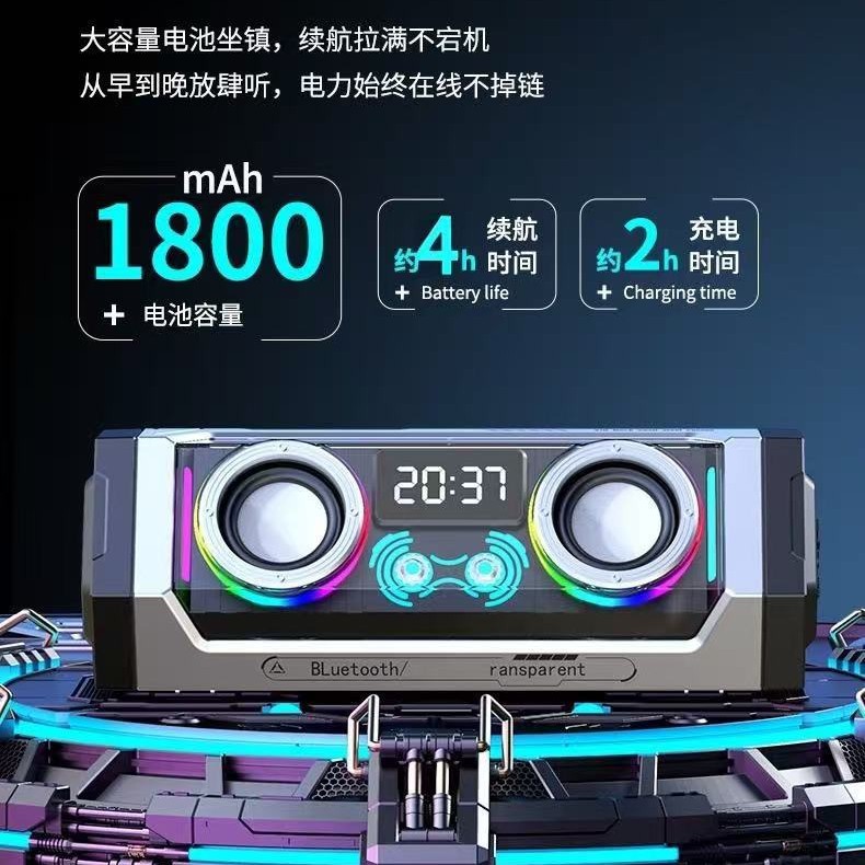 New V18 Mecha Warrior Clock Transparent Bluetooth Speaker Digital Display Dual Speaker Diaphragm Bass