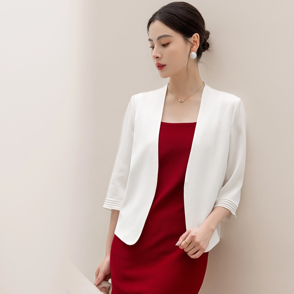 2026 summer solid color acetate suit jacket women five-point sleeve collarless short blazer