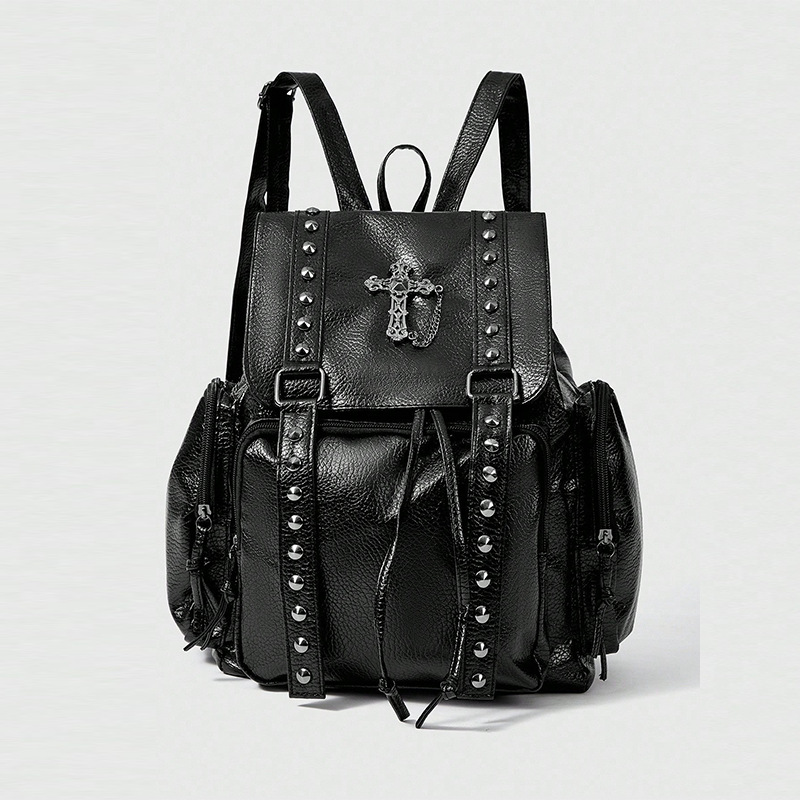 Washed荔枝纹PU leather rivet motorcycle style backpack crossbody double-shoulder bag large capacity women's bag