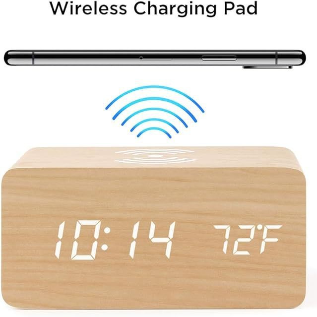 Wireless Charging Alarm Clock Multifunctional Smart LED Electronic Clock Simple Wooden Clock Silent Night Light Clock