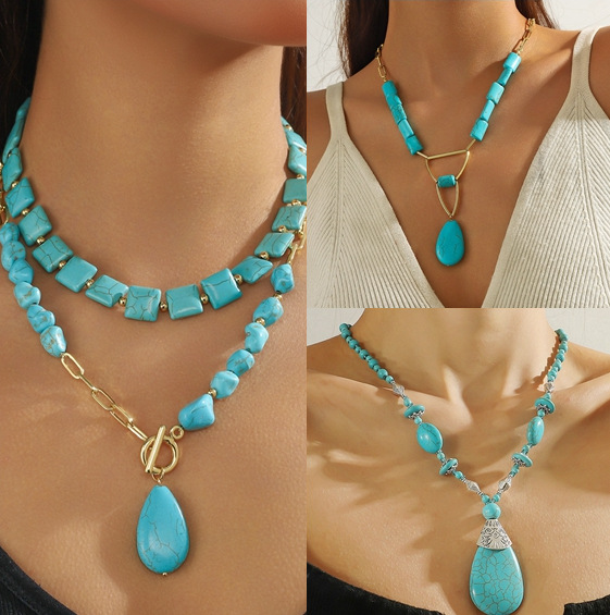 Turquoise necklace Bohemian ethnic style double-layer stacked drop turquoise necklace