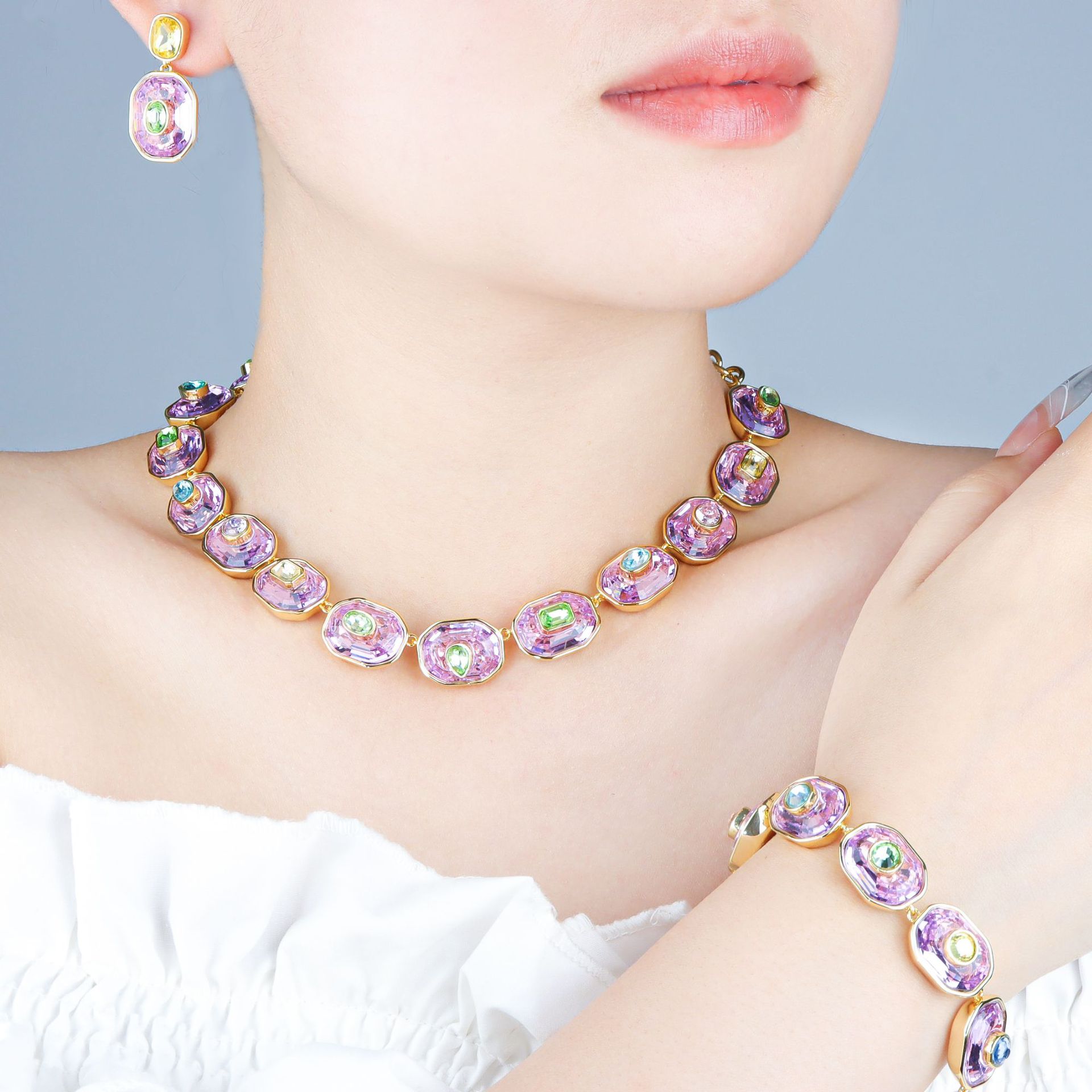 Fresh and sparkling crystal micro-set super shiny bracelet necklace design element set for women