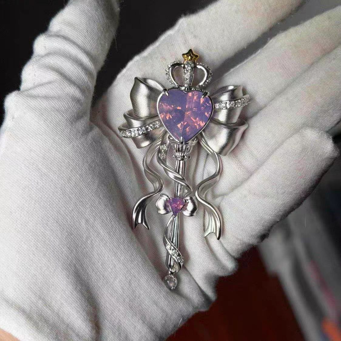 Fairy Girl's Token~Heavy Craft Bow Scepter Brooch Princess Style Vintage Dress Pin for Women