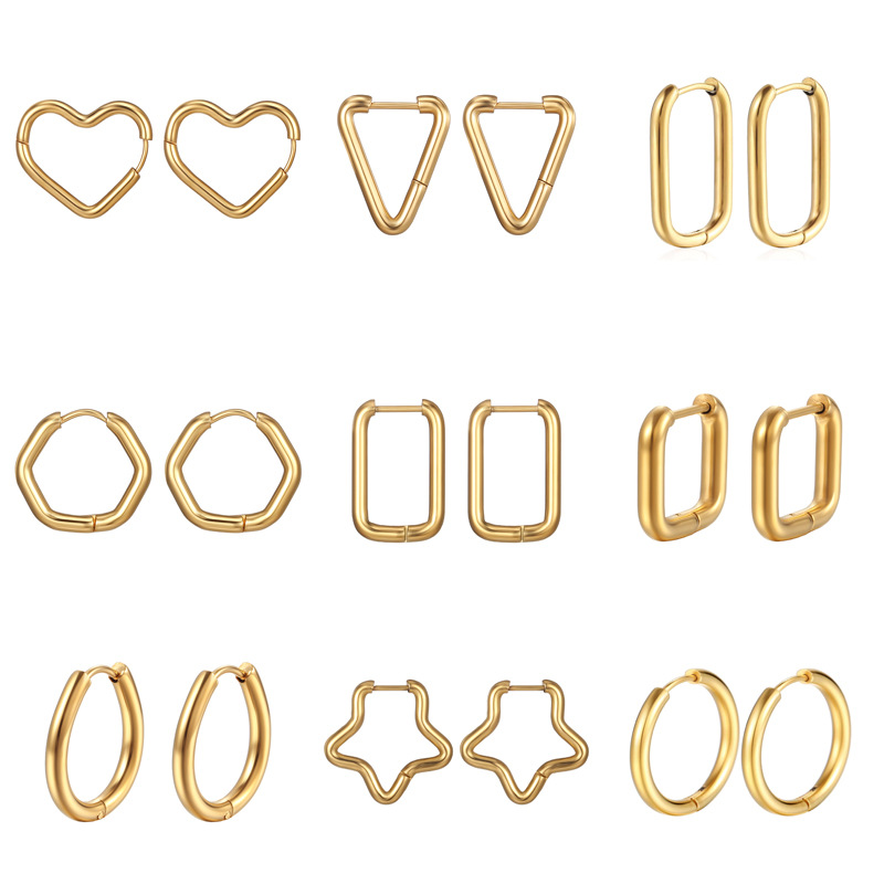 Geometric irregular stainless steel ear clips, five-pointed star, peach heart, square, polygon titanium steel earrings