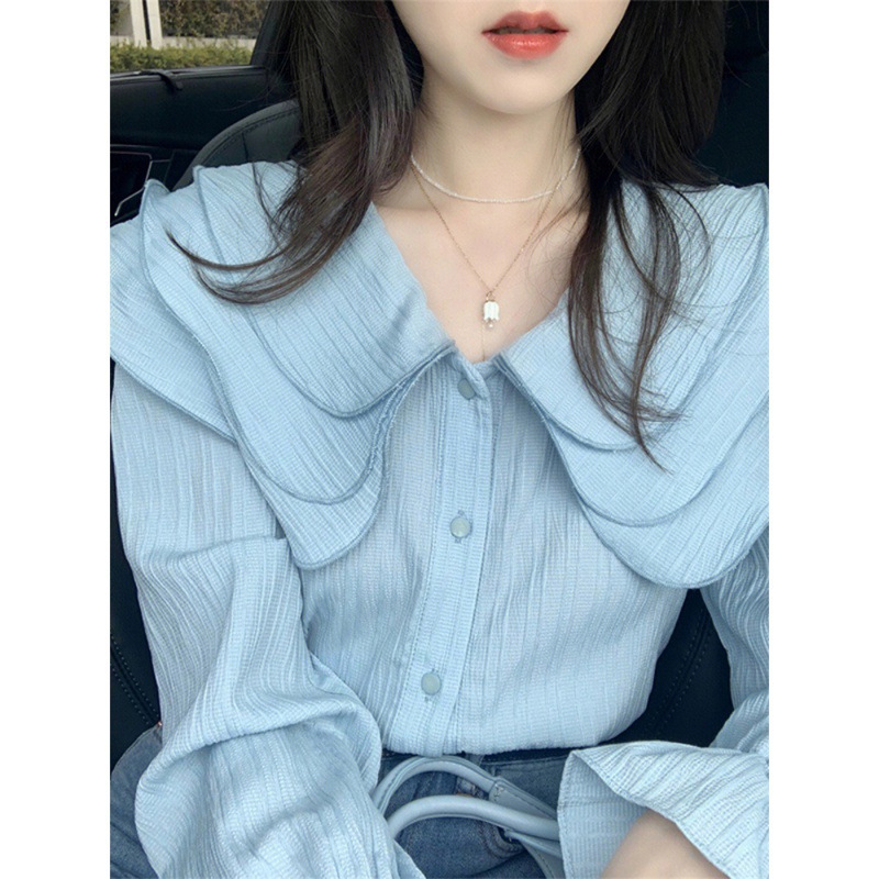 Summer Women 2023 Sense Unique Blue Baby Collar Shirt Niche Thin Chiffon Top Early Spring