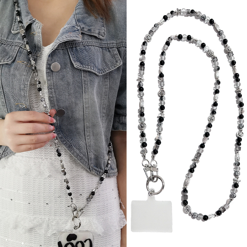 Mobile phone lanyard long crossbody black and white series pendant beaded flower phone case bag chain for women