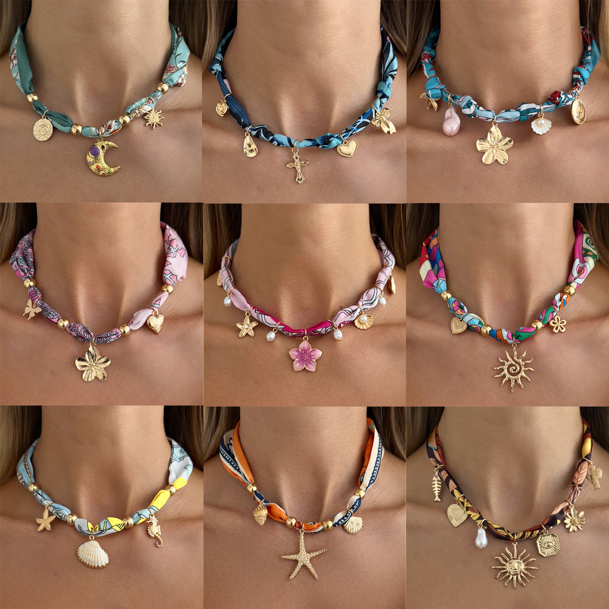 Accessories Colorful Printed Scarf Choker Necklace Ocean Series Starfish Butterfly Pendant Necklace