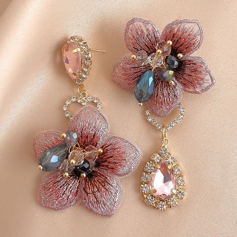 Silver Needle Asymmetric Crystal Fabric Flower Drop Earrings Elegant Earrings for Women