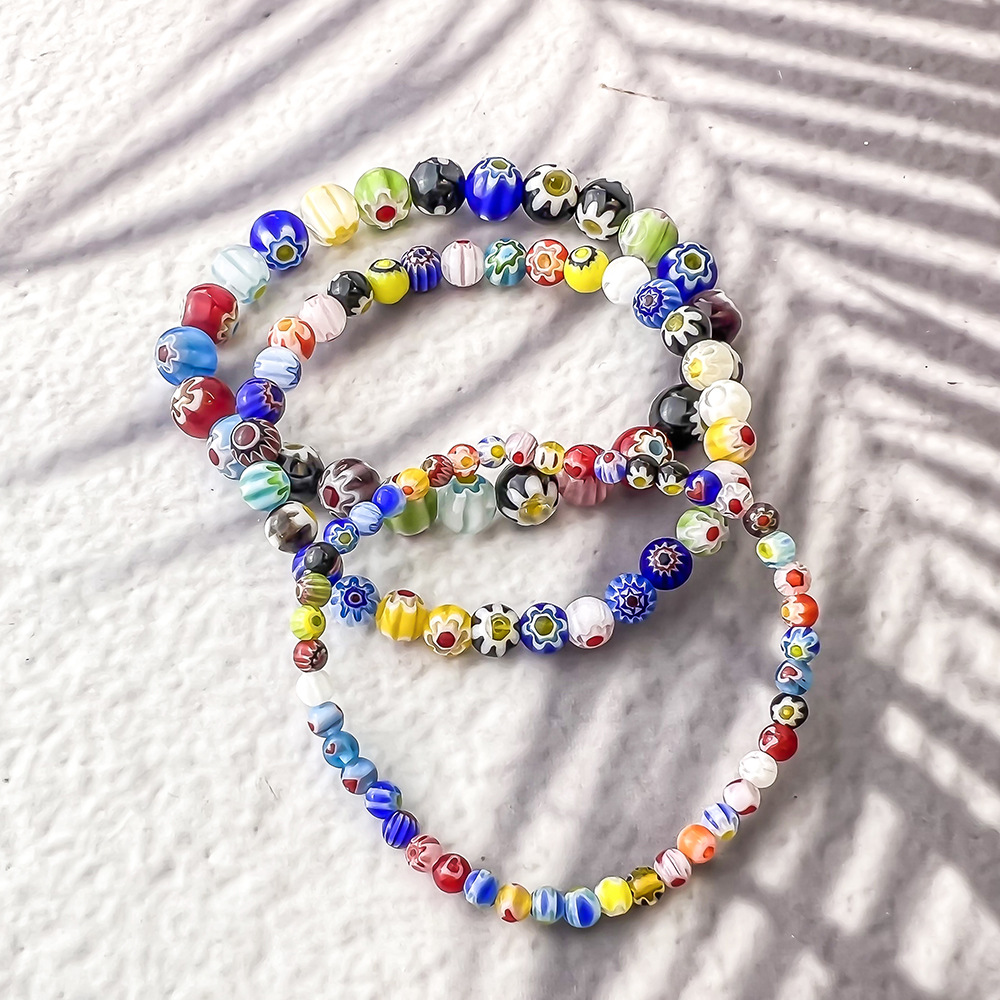 Dopamine-Style Handcrafted Glass Bead Stretch Bracelet with Daisy Pattern for Women—Layered Bracelet Set