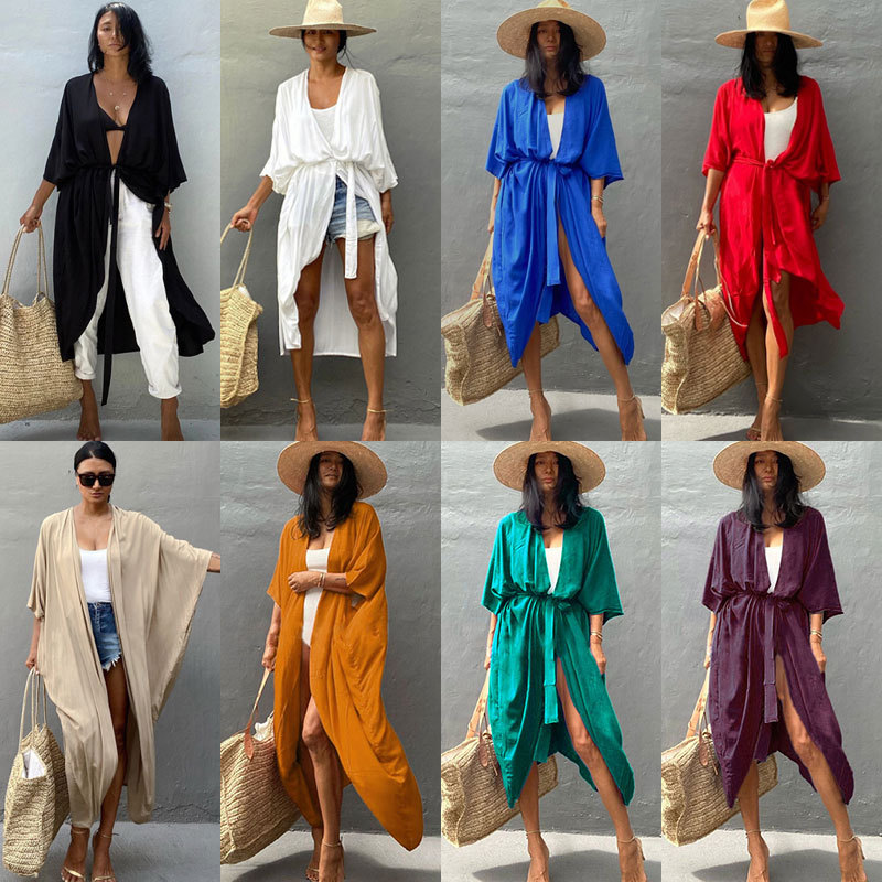 New Dense Rayon Sun Protection Cardigan Bikini Cover Up Swimsuit Outer Sun Protection Seaside Vacation Dress Women