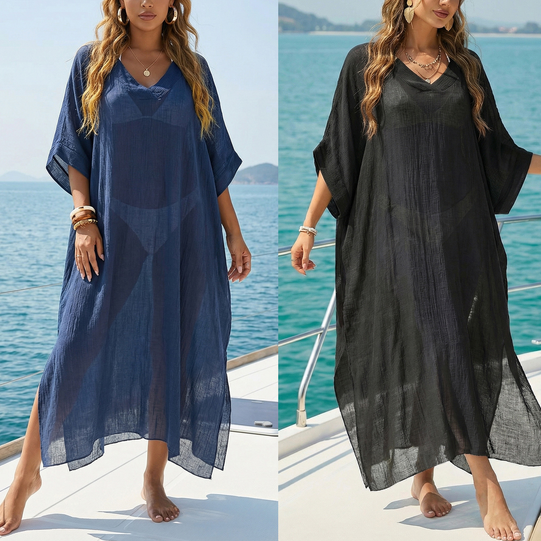 Women's Beach Cover-Up Summer New V-Neck Loose Casual Dress Split Floor-Length Dress Women