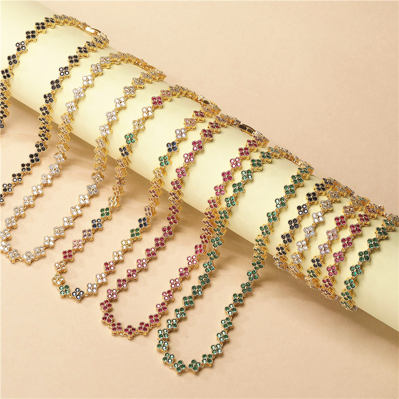 HECHENG Jewelry Copper Plated 18K Gold Inlaid Colorful Diamond Flower Bracelet, Necklace Sweet Four-Leaf Clover Jewelry Set