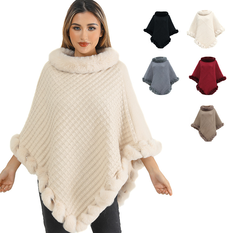 Autumn Winter New Imitation獭兔 Fur Collar Pullover Shawl Irregular Plus Size Knit Cape Loose Knit Coat Women