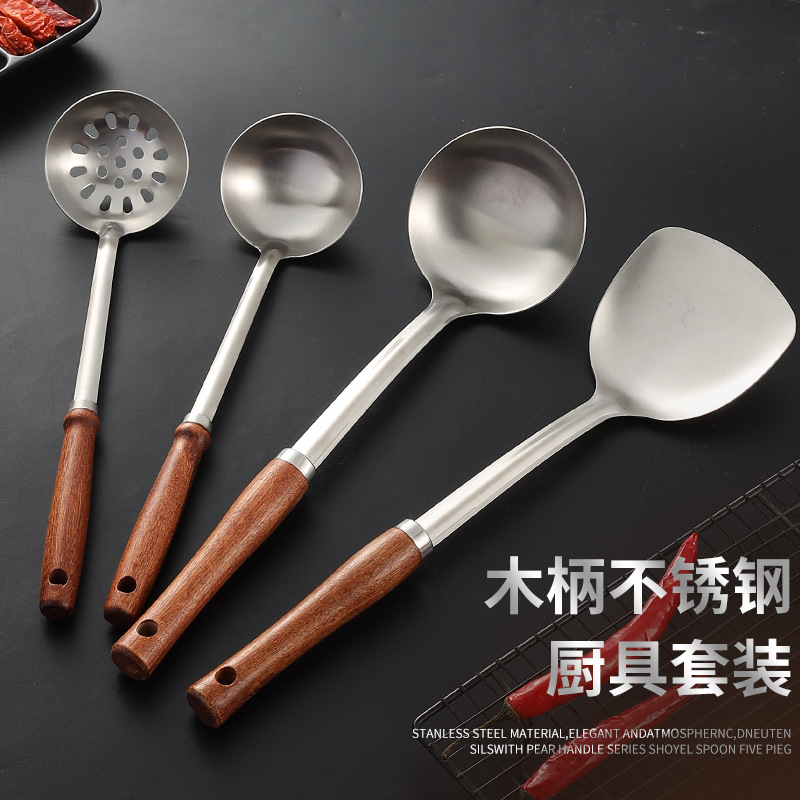 Thickened non-magnetic stainless steel pot shovel, kitchen wooden handle spatula, cooking spoon series, 9.9 yuan store display