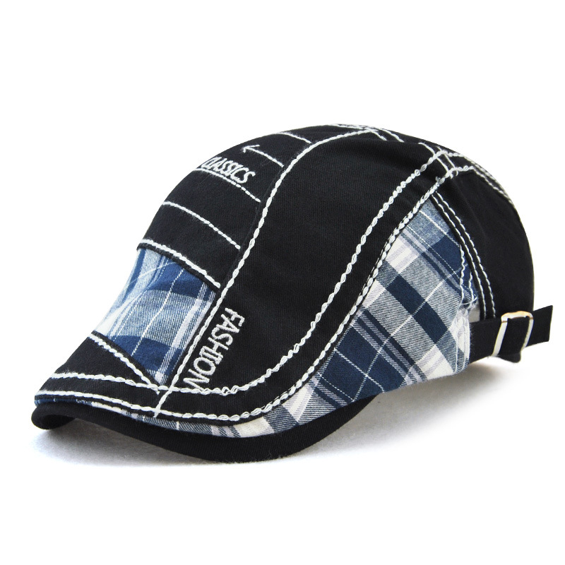 Cap with plaid patchwork and parallel arrow embroidery, new outdoor sun hat