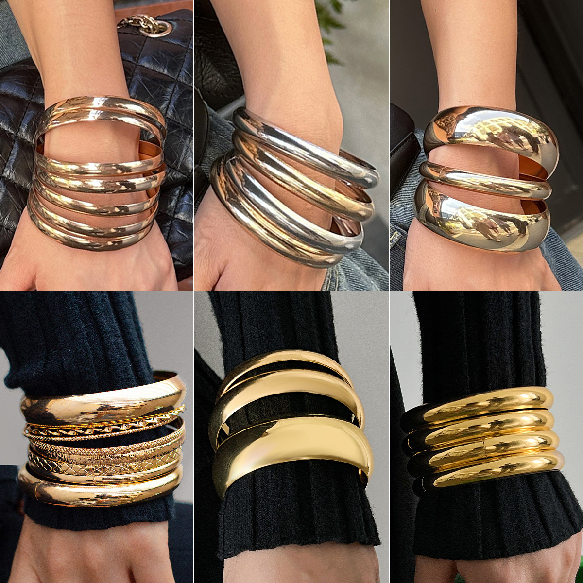Metal smooth bangle set for women exaggerated threaded wide bangle bracelet