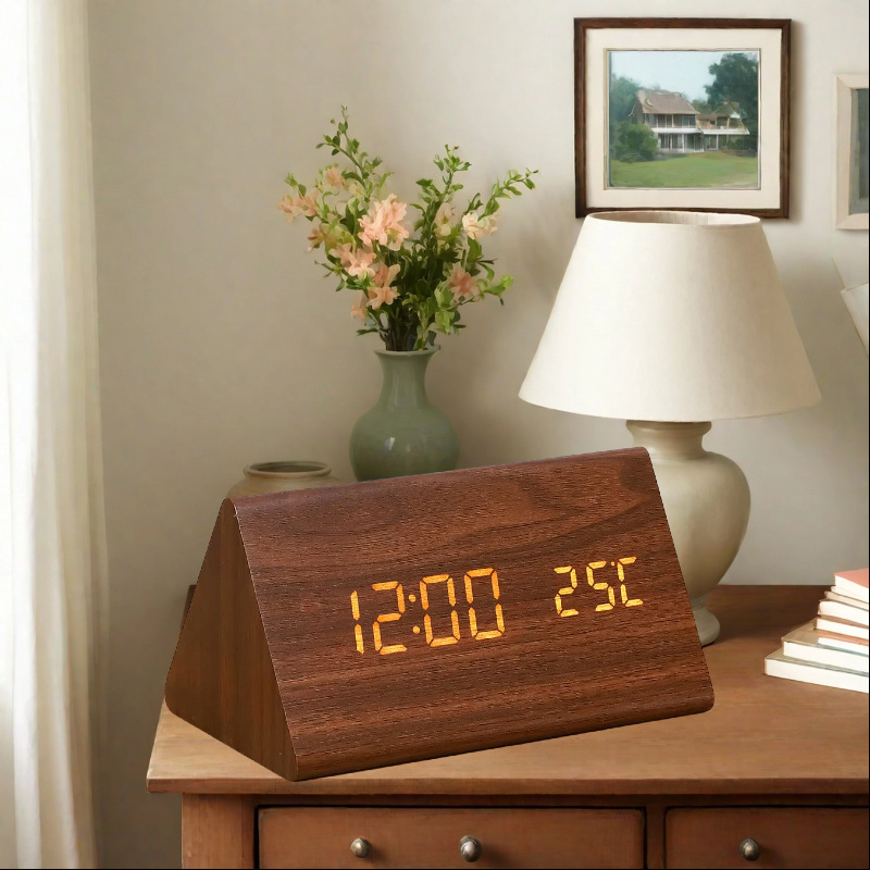 Nordic LED wooden clock, wood grain clock, silent night light living room bedroom bedside digital alarm clock