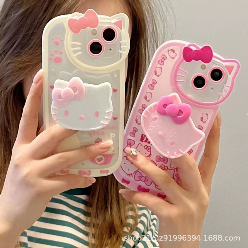 KT cat with stand 17 phone case iPhone 13 cartoon soft case Apple 12 phone 15 Pro protective case 16
