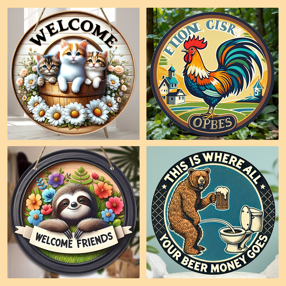 Vintage Round Sign Wooden Hanging Board Wall Decoration Animal Series Welcome Door Hanging Wall Hanging