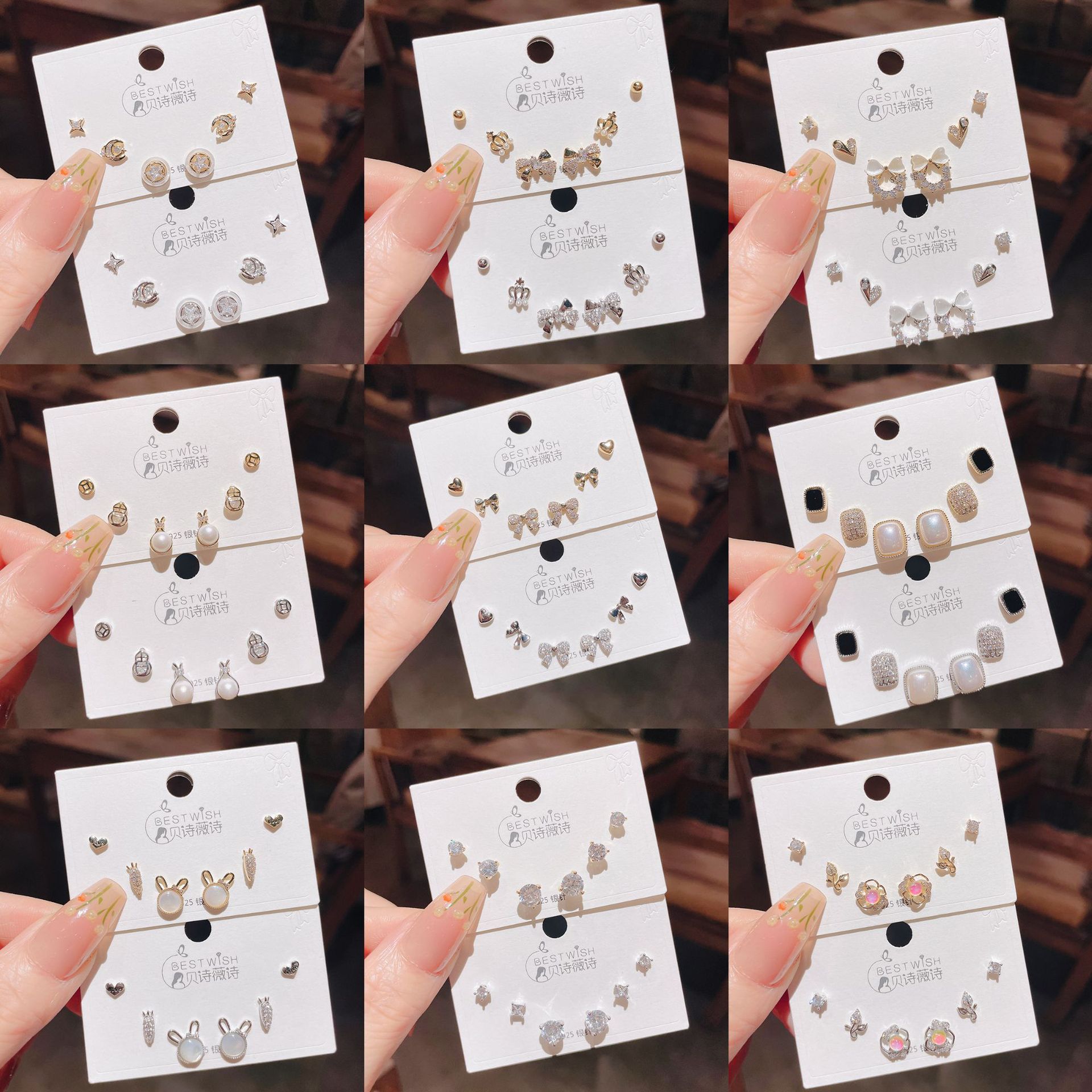 High-quality S925 silver needle zircon 6-piece set small earrings, women's simple three pairs of earrings