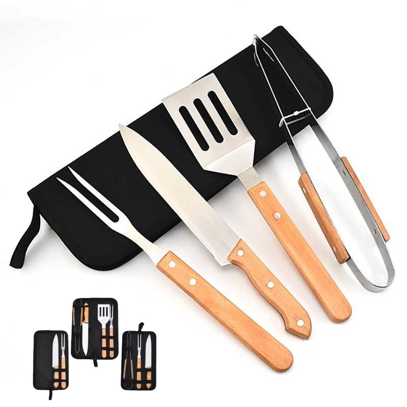 Wooden Handle BBQ Tools Outdoor Camping Home BBQ Set Fork Spatula Tongs BBQ Meat Set Combination Tool