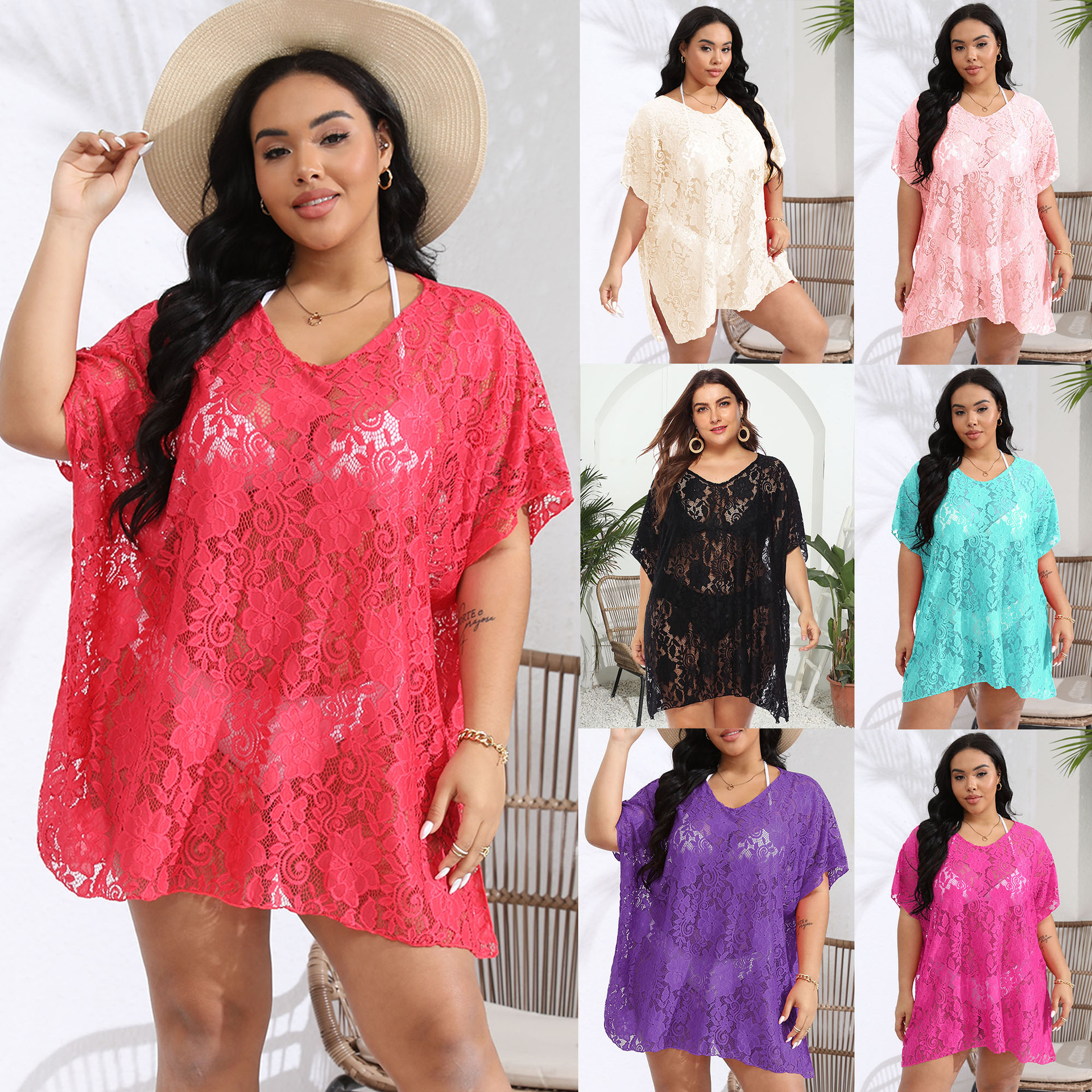 Plus Size Women's Sexy Lace Cutout Sheer V-Neck Split Beach Dress Cover-Up F19140