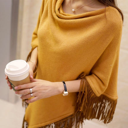 Spring Autumn New Irregular Mid-length Batwing Sweater Loose Tassel Pullover Knitted Sweater Cape Shawl Coat
