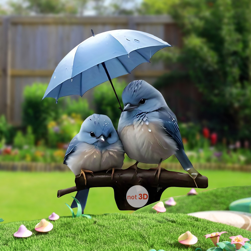 Decorative Style, Two Blue Birds Holding Umbrella in Garden Background, 13.78 Inches, Crystal Motion