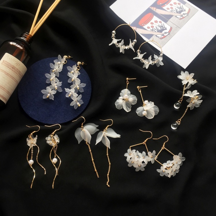 Forest style flower earrings fairy elegant long pearl ear studs simple ear accessories for women 1168