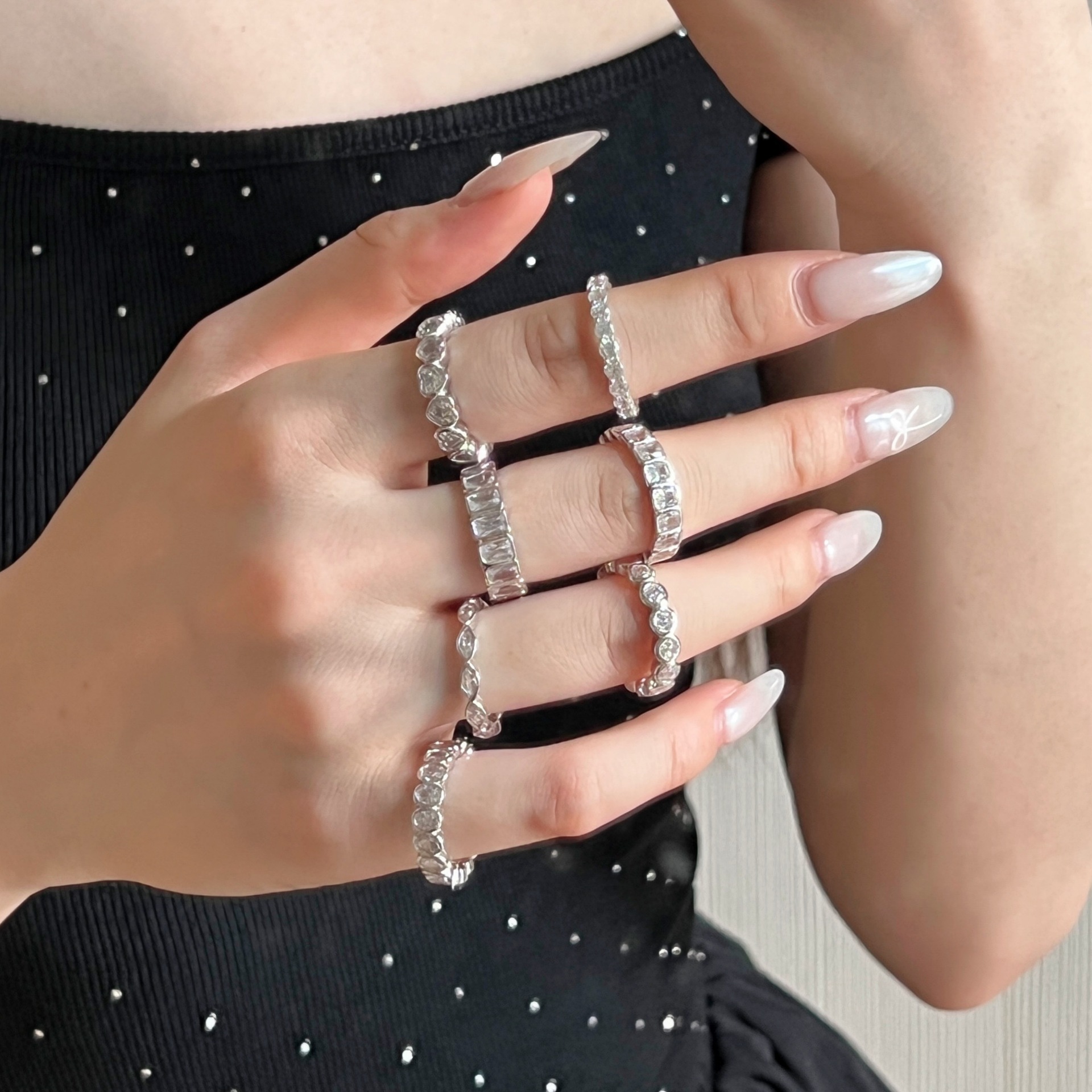 Small S925 sterling silver ring for women, love oval zircon row drill ring closed ring