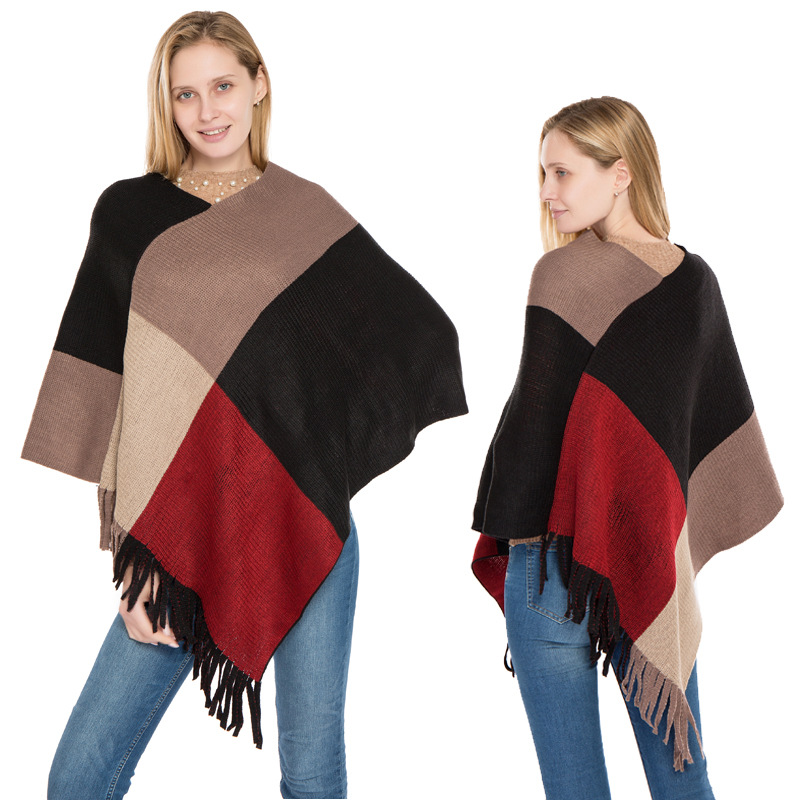 Large Plaid Color Block Knit Warm Shawl Autumn Winter New Imitation Cashmere Fringe Pullover Cape