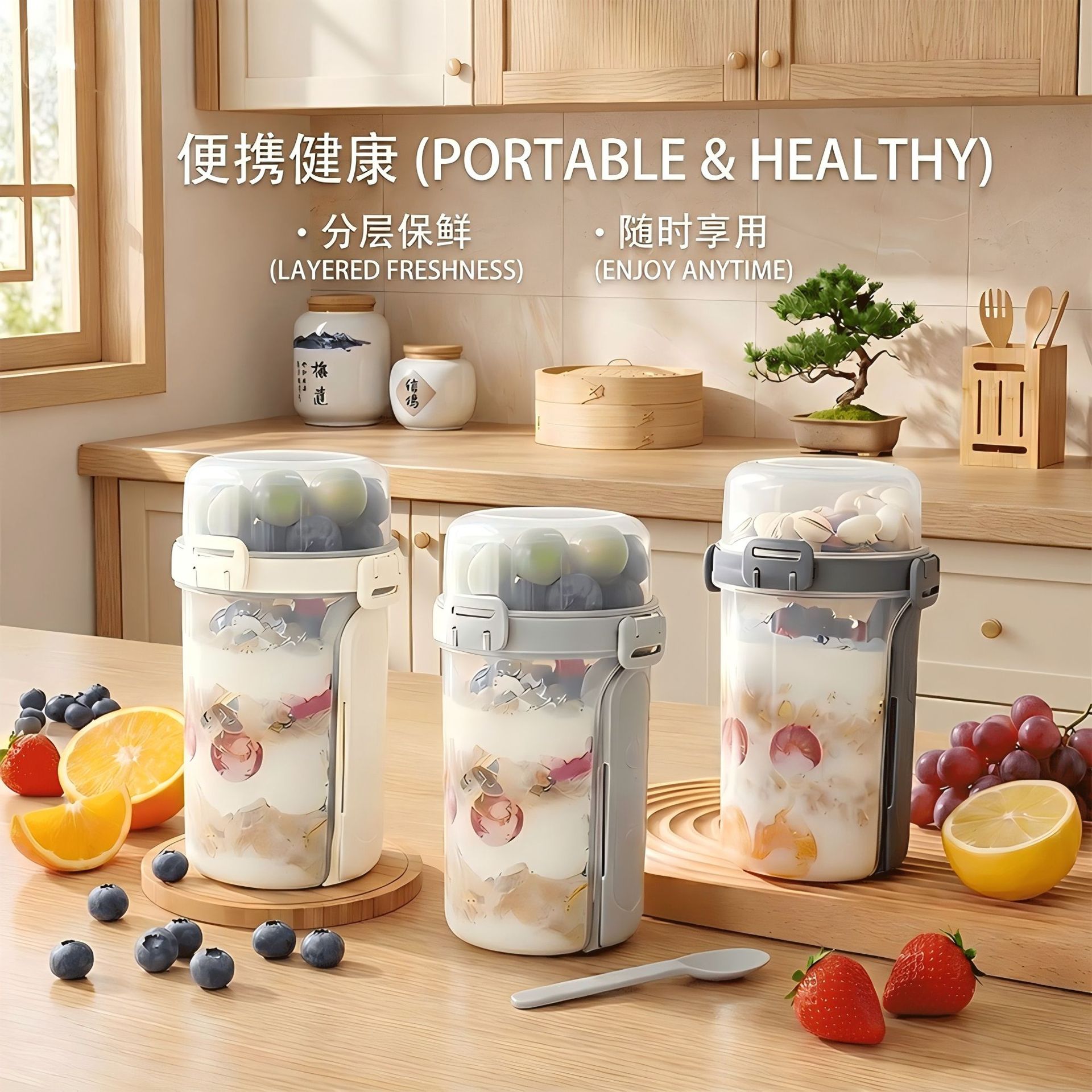 Double-layer salad cup with fork spoon fresh-keeping sealed household fruit vegetable yogurt cup double-layer sealed