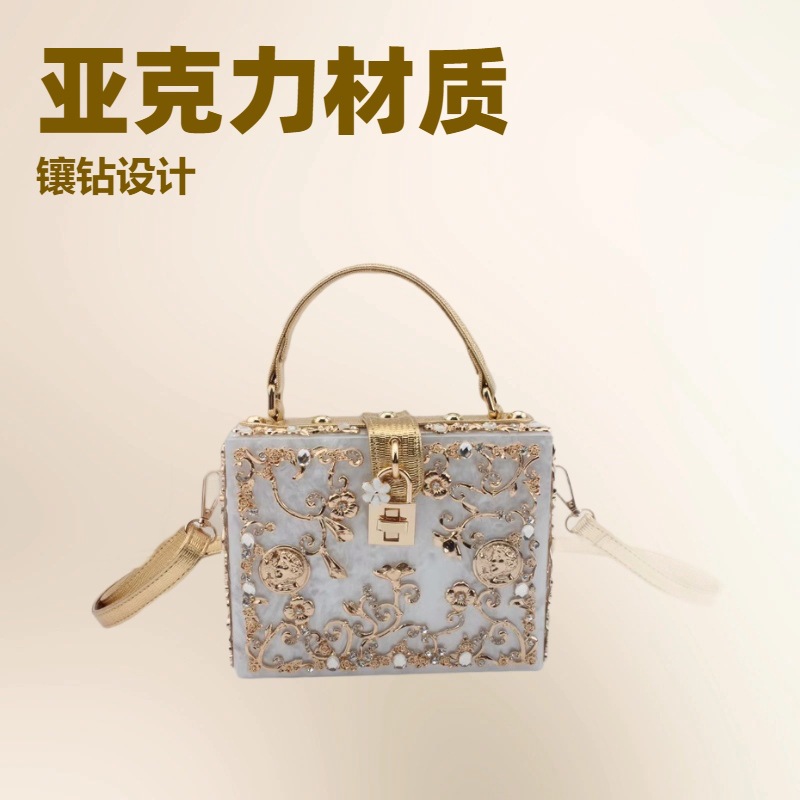 Acrylic Evening Bag Hollow Metal Carved Rhinestone Handbag Shoulder Crossbody Women's Bag