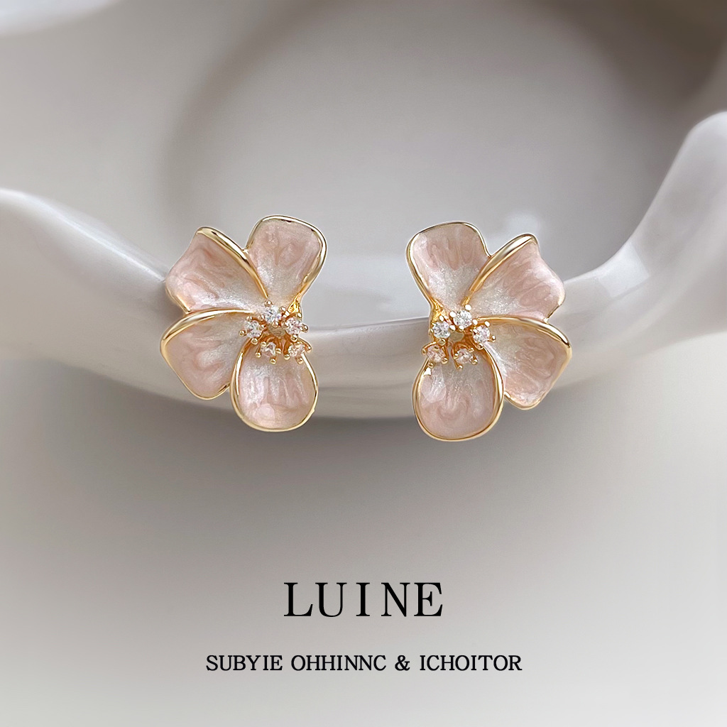 Fresh and sweet micro-set zircon silver-plated needle enamel drip glaze gradient color flower earrings for women, electroplated earrings
