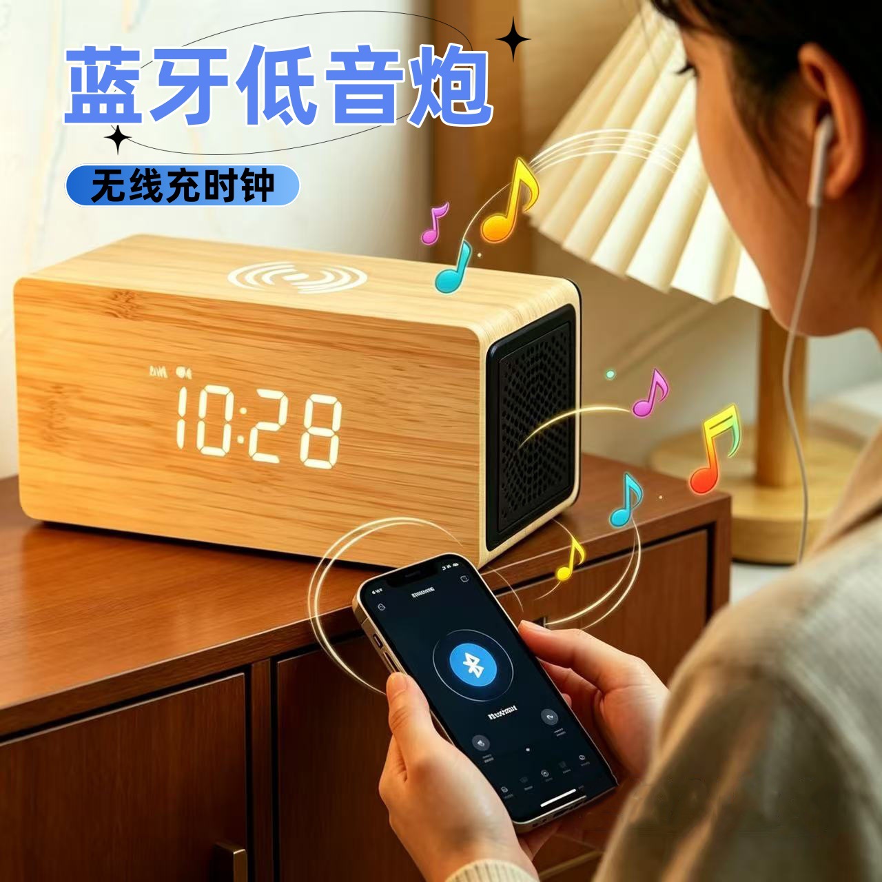 15W Bamboo Bluetooth Speaker Phone Wireless Fast Charging Office Desk Wooden Alarm Clock Multifunctional Silent Clock