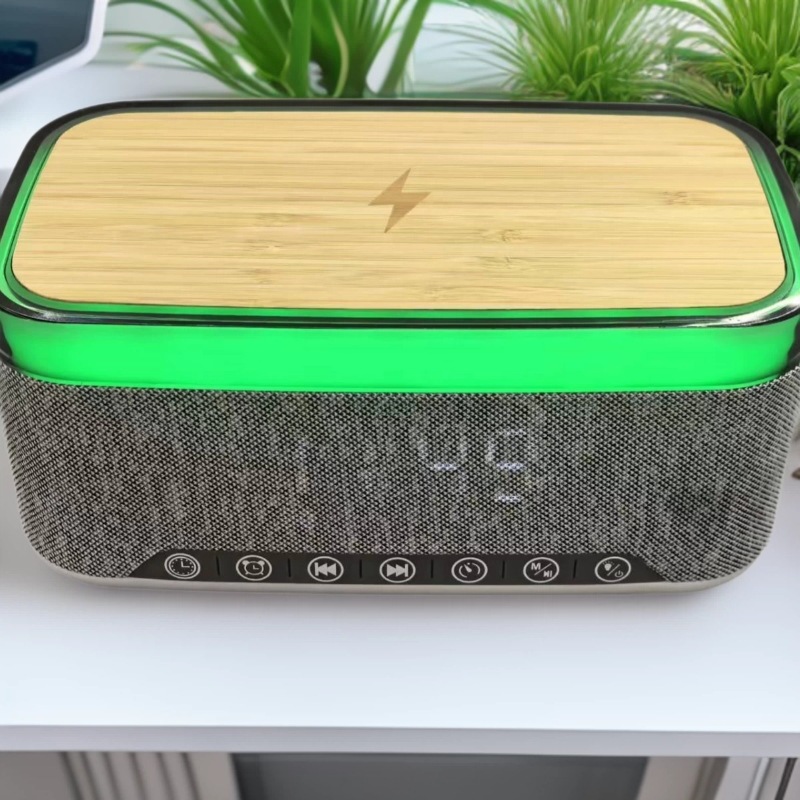 S300 Bamboo Speaker Clock Alarm 15W Wireless Charging White Noise High Power Bluetooth Speaker