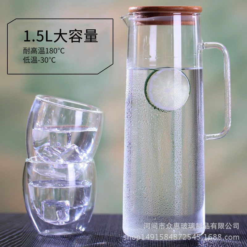 Household thickened large capacity heat-resistant glass cold water straight body tea pot, bamboo lid heat-resistant juice steel lid water pitcher