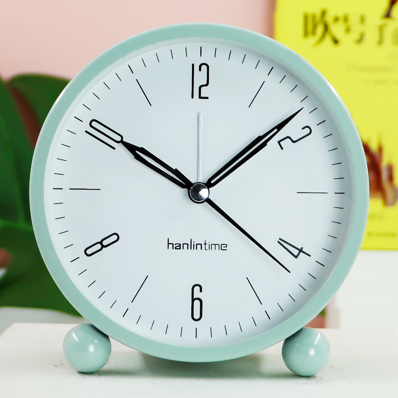 Modern Simple Digital 4-inch Round Metal Alarm Clock Desk Clock Silent Sweep Second Night Light Clock