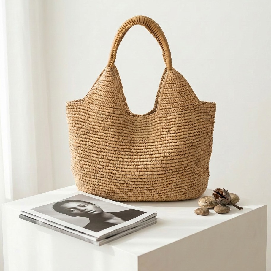 2026 New Straw Bag Handwoven Bag Large Capacity Single Shoulder Tote Bag Vacation Beach Bag Women's Bag
