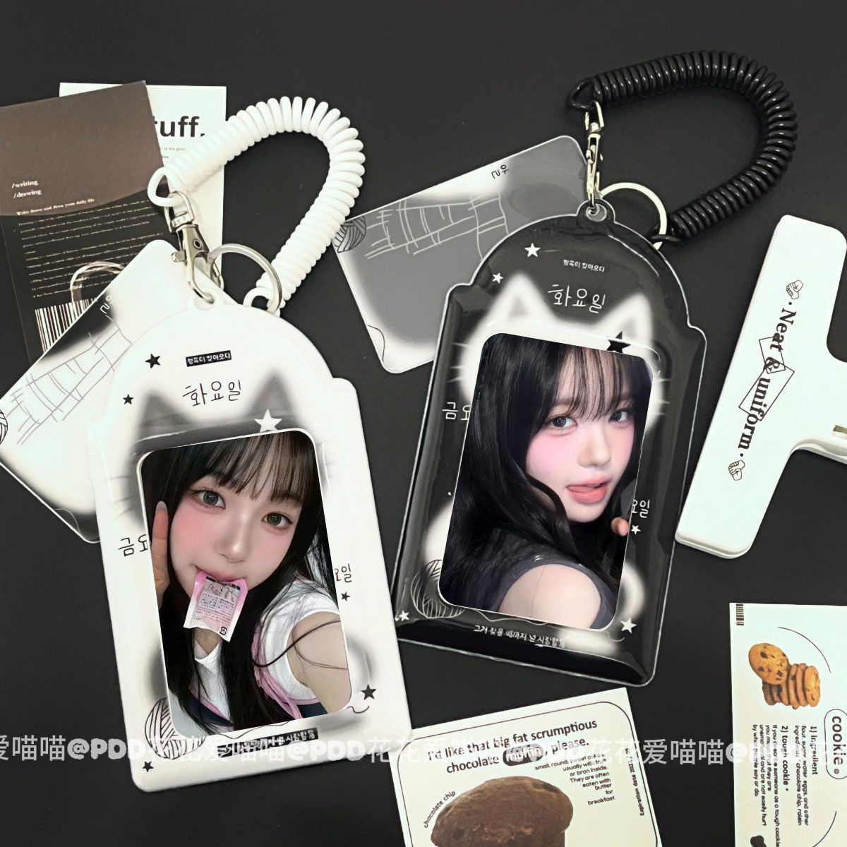 Black and white kitten 3-inch card sleeve PVC cute protective cover idol campus card meal card storage bright pendant