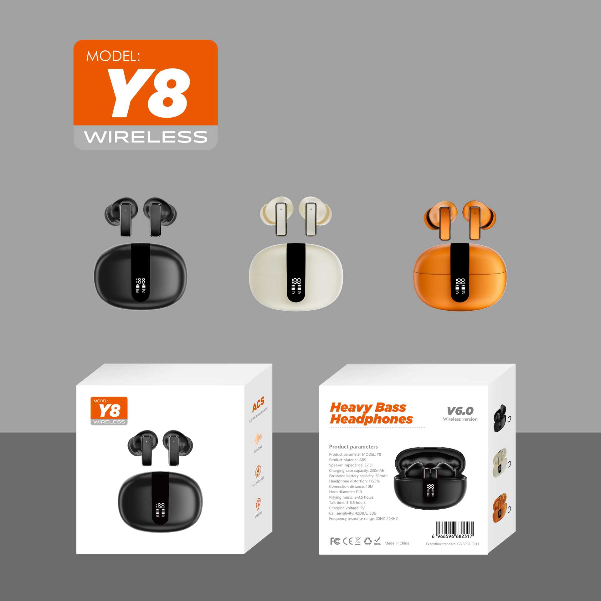 2026 New Y8 Short Handle Bluetooth Wireless Earphone Screen Display Visualized Battery In-ear Earphone