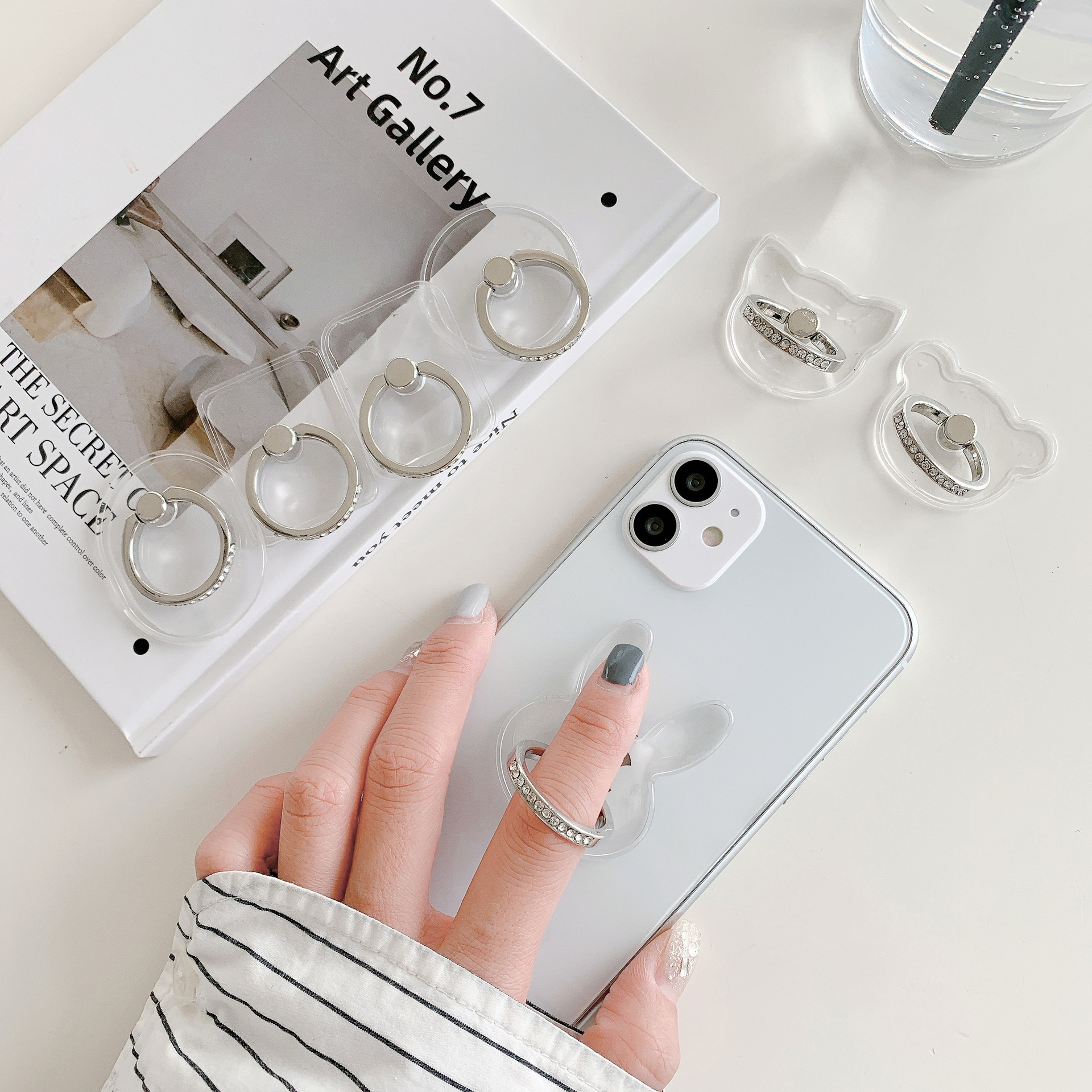 White steel diamond ring holder transparent acrylic ring phone tablet portable