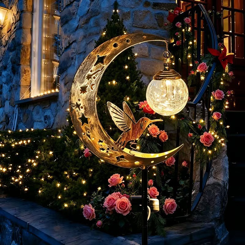 New Hummingbird Moon Solar Outdoor Courtyard Spotlight Iron Art Waterfall Light Garden Landscape Light