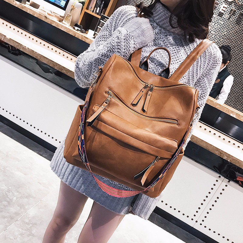 PU soft leather double shoulder bag large capacity college style travel leisure high school large backpack style