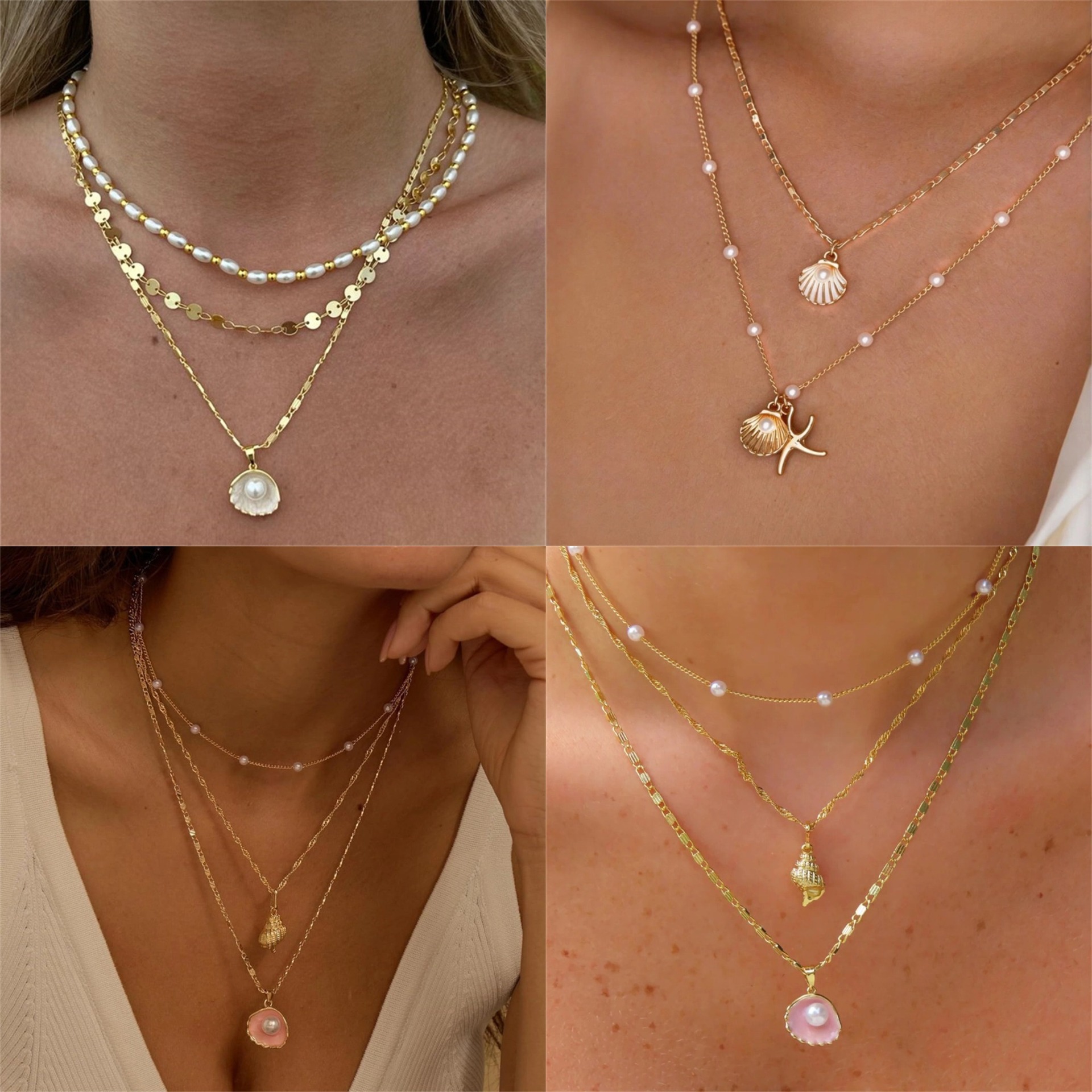 Unique Design Ocean Style Shell Starfish Double Layer Imitation Pearl Collarbone Chain