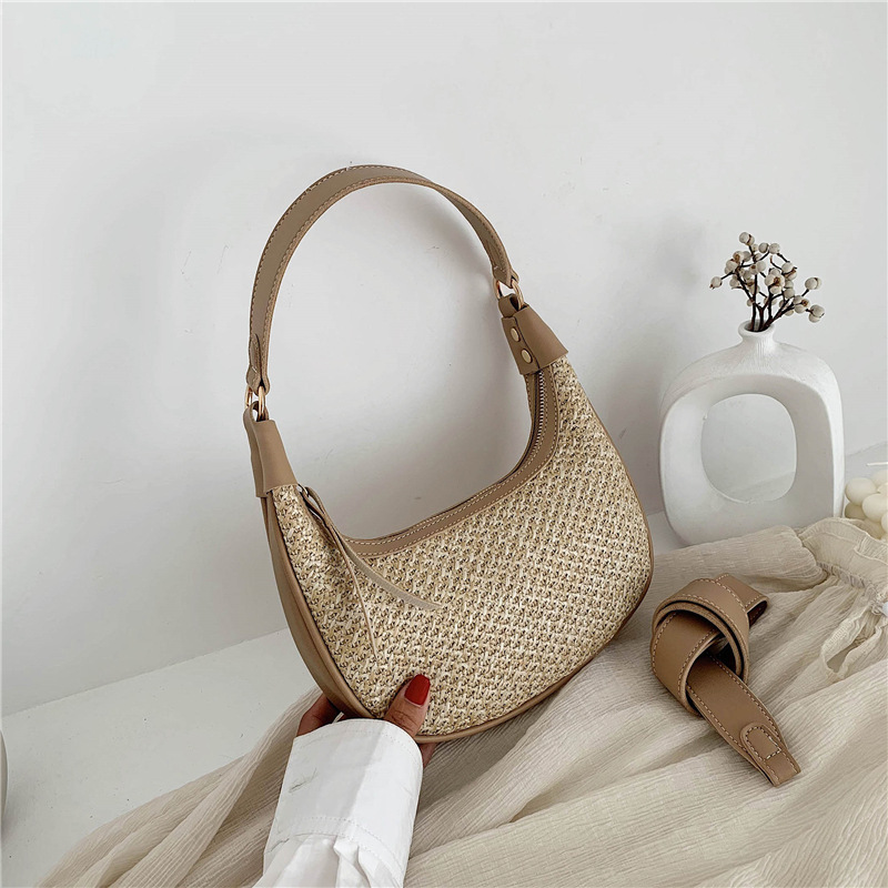 Simple 2023 New Straw Pillow Bag Summer Beach Single-Shoulder Handbag Vacation Woven Underarm Bag